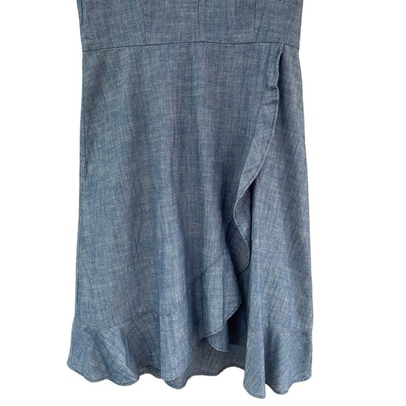 J. Crew Short Sleeve V-Neck Faux Wrap Ruffle Chambray Mini Dress Preppy - Sz 00 - Picture 8 of 15